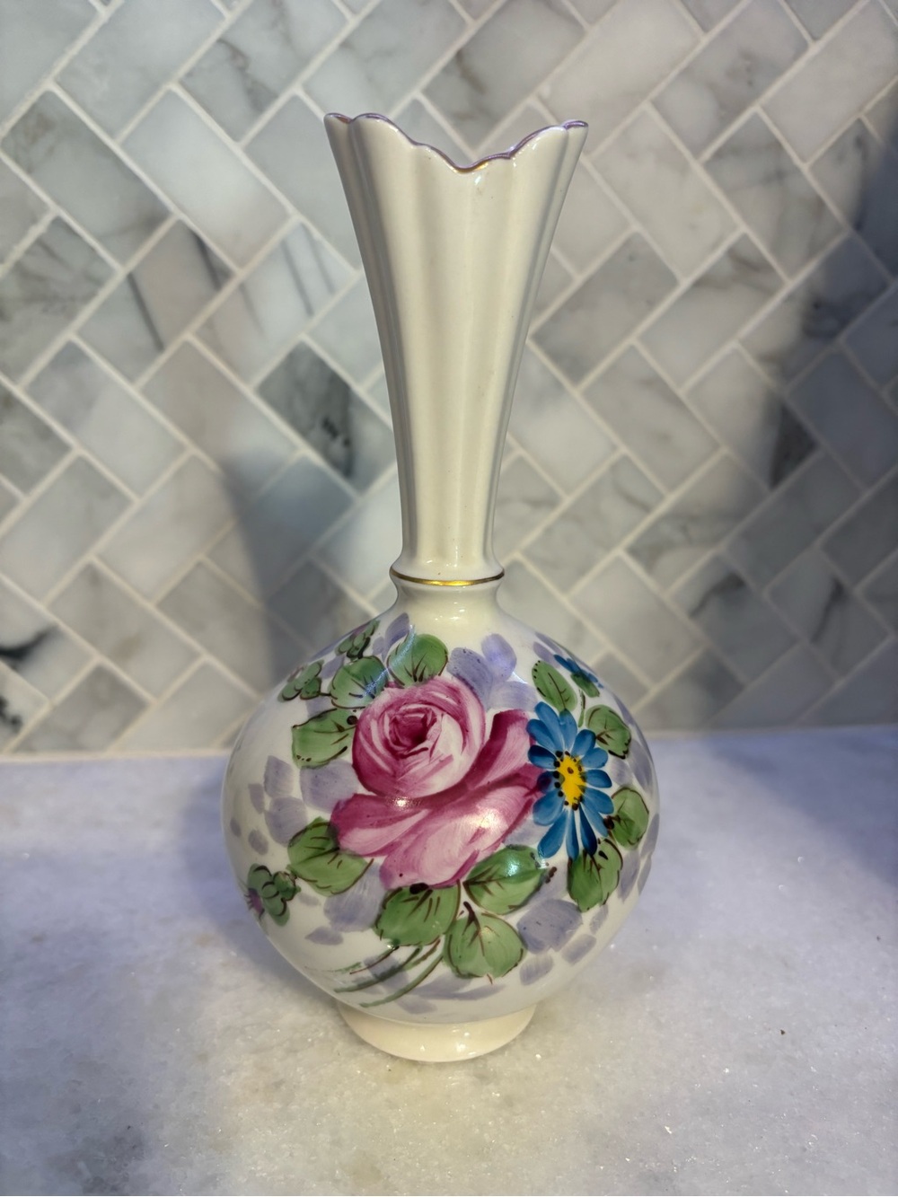 Hand-Painted Floral Porcelain Bud Vase in Cream, Pink & Blue